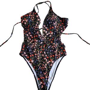 Cupshe Womens Floral Smocked Halter One Piece Swimsuit Black CAA12E3G053RA Large